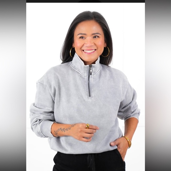 Zenana half zip acid wash fleece pullover Sleet - Picture 1 of 7